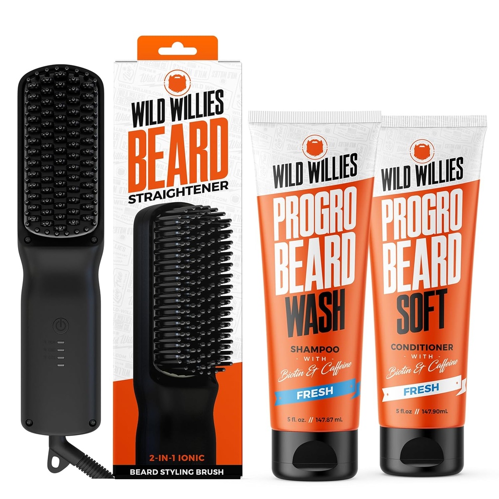 Wild Willies Bear Grooming Kit - Beard Straightener meestele, PROGRO - rikastatud biotiini ja kofeiiniga juuste kasvuks, pesemine, hüdreerimine - iooniline 2-in-1 kuumutatud kammharja, valmistatud USA-s