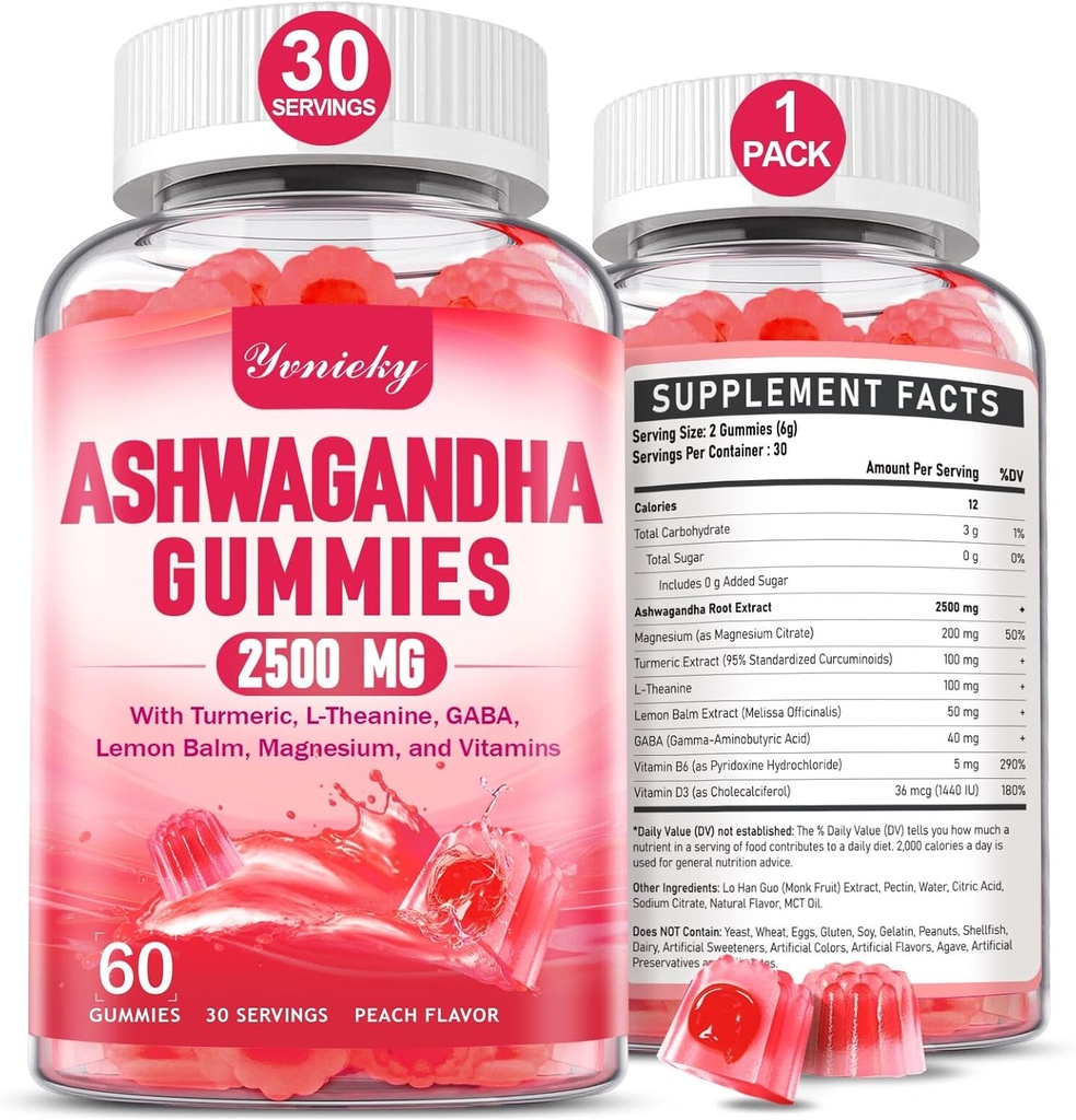 Ashwagandha Gummies 2500mg naistele ja meestele: Ashwagandha täiendus Gummy Täiendav tugevus kurkumi, D3-vitamiini, L-teaniini, magneesiumi - täidetud kummikud, maasikamaitse, vegan, mitte-GMO