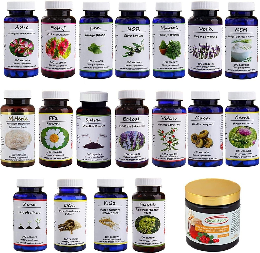 Hekma Center Supplements pakett MS - 18 ravimtaimed ja Sidr Honey Royal Jelly - 100% looduslik, puhas orgaaniline - vegan - täiendused MS