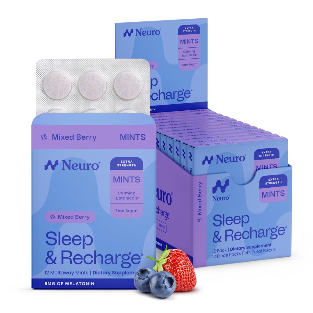 Neuromelatoniin 5mg Sleep & Recharge Mints (144 tükki) - Kiire lahustada melatoniini Suhkruvabad rahapajad sidrunipalsami ja kummeliga parema une jaoks - Rahulik unelisa täiskasvanutele - Öine marjamaitse