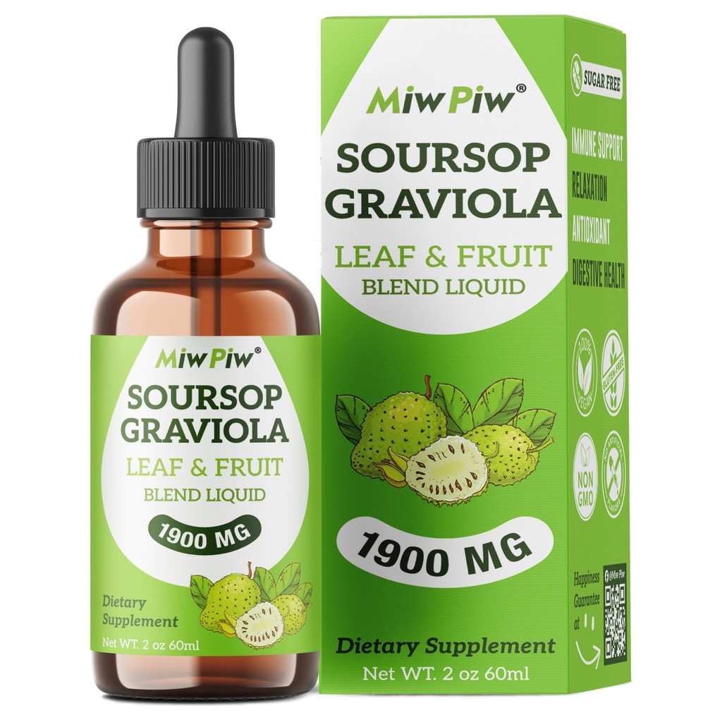 Soursop Graviola Liquid Drops 1900MG 2Fl Oz, Soursop Bitter Leaf Extract Supplements, Sleep Relax Support ja Immune Boost - Sugar Free, Natural Maitse, Herbal Goodness