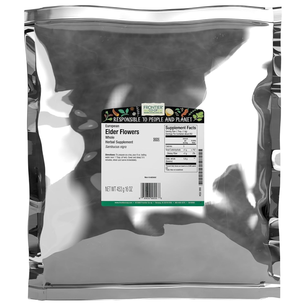 Frontier Coop Kuivatatud Elder Flowers, 1lb Bulk Bag | Euroopa Terve Kuivatatud Elderflower Kulinaaria Ja Taimne Kasutamine | Ideaalne Elderflower Tee, Kosher