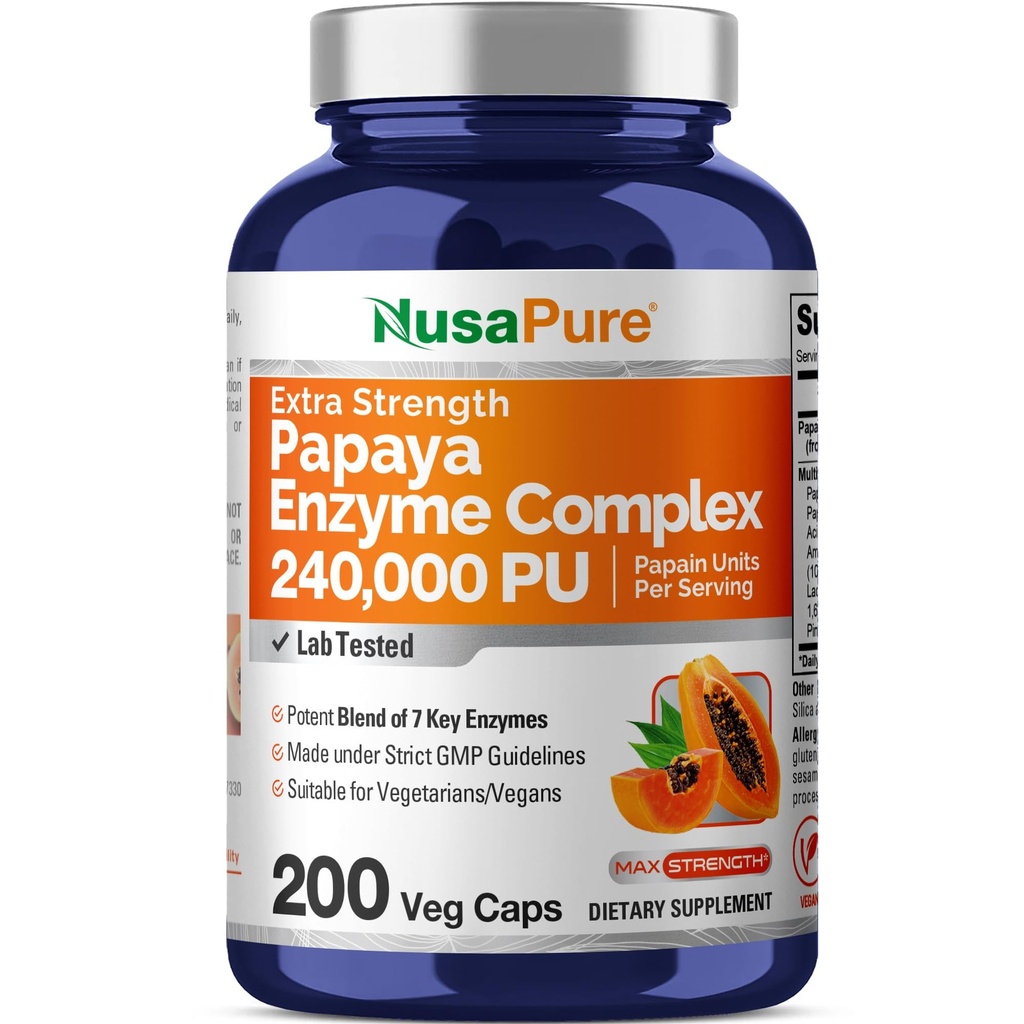 NusaPure Papaya Papain Enzyme kompleks 240 000 PU - 200 Veggie Caps - 100% taimetoitlane, mitte-GMO