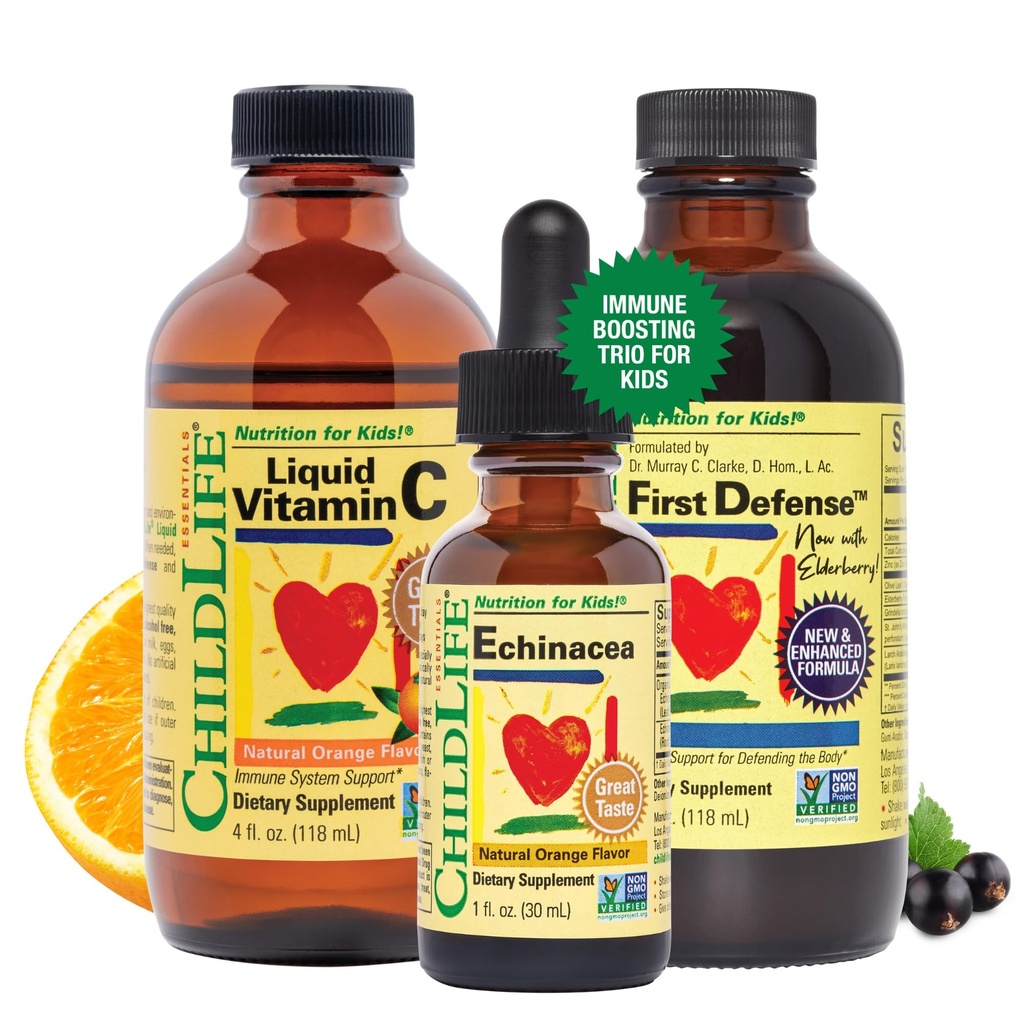 LAPSED ESSENTIALS Immuunsüsteemi tugi 3-pakk - Vedel C-vitamiin, esimene kaitse ja Echinacea - Imikute, väikelaste ja laste immuunsuse suurendamise lisandid