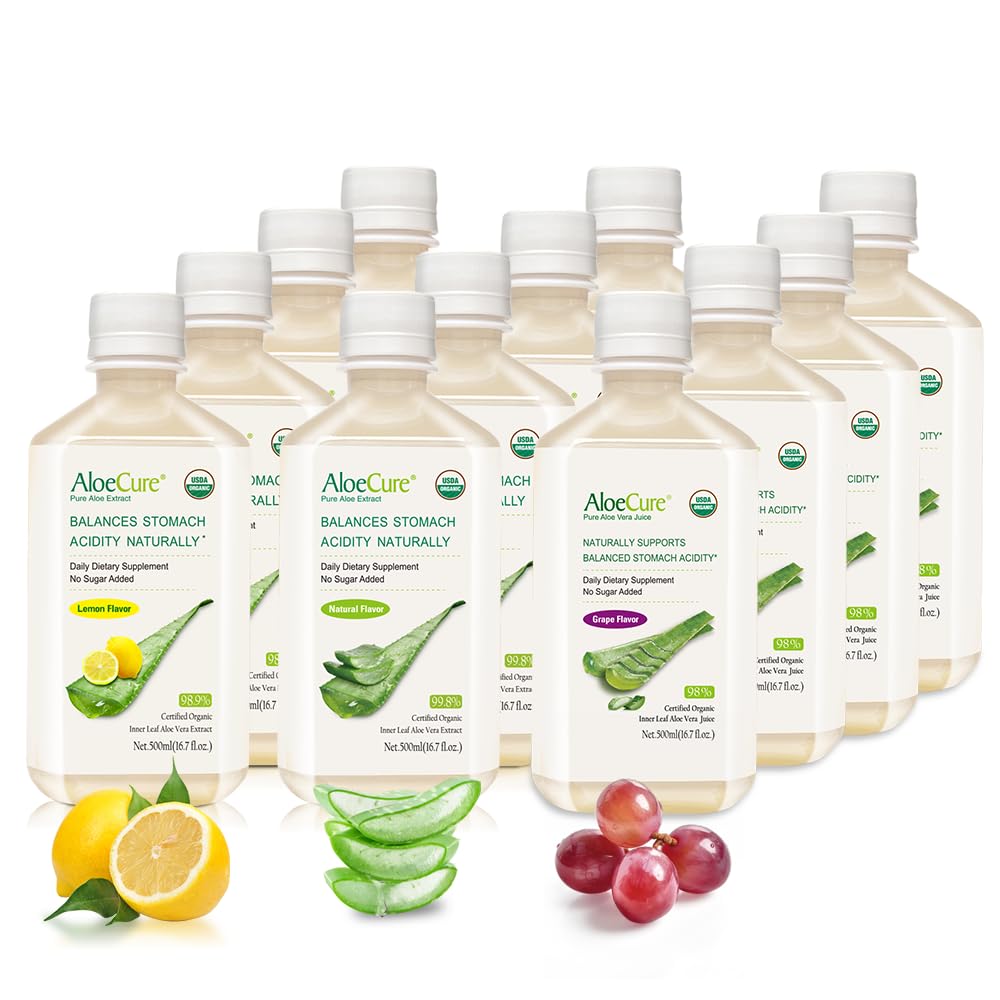 AloeCure orgaaniline Aloe Vera mahl - 12 pudeliproovi pakend - viinamarjad, sidrun, looduslik maitse 12x500 ml