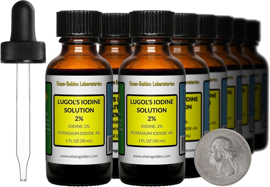 Lugoli jood / 2% lahus / 12 Oz Kaheteistkümnes merevaigukollases klaaspudelis / Vabad tilgad / USA