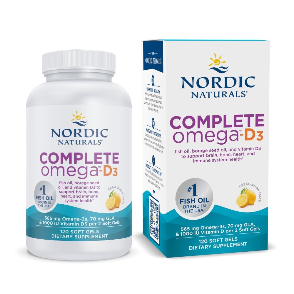 Nordic Naturals Complete Omega-D3, Sidrun Maitse - 120 Soft Gels - 565 mg Omega-3 + 70 mg GLA + 1000 IU D3-vitamiin - EPA & DHA - Tervislik nahk, tunnetus, positiivne meeleolu - mitte-GMO - 60 Servings