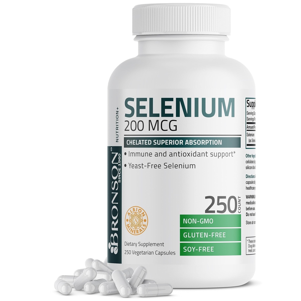 Bronson Selenium 200 mcg - Pärmivaba kelaaditud aminohappe kompleks - oluline jälje mineraal koos suurema imendumisega, 250 taimetoitlast kapslit