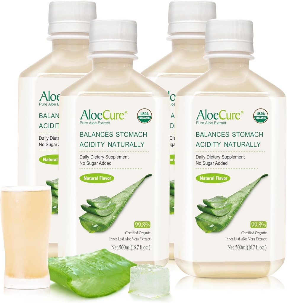 AloeCure USDA orgaaniline Aloe Vera mahl, mis on valmistatud 12 tunni jooksul saagikoristusest - puhas Aloe mahl Looduslik seedetrakti lisand seedimist, immuunsüsteemi ja tasakaalustatud kõhuhapet, 4 x 500 ml pudelit