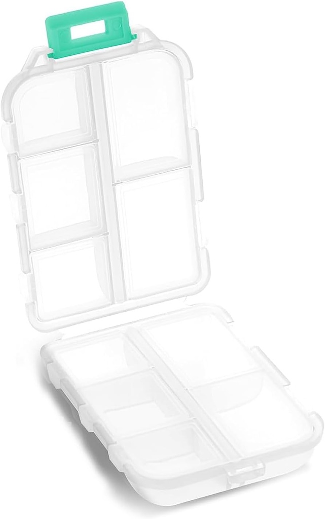 Pill Case - Portable Supplements Tablet Container Box with 10 Compartments - Meditsiin Kapsel Vitamiin Kokkupandav Korraldaja Dispenser Hoidja Reisi Tasku Rahakott - Selge valge