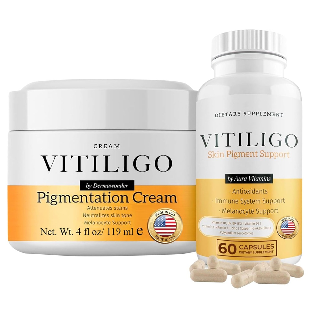 Dermawonder Vitiligo Supplement & Pigmentation Cream Set | 60 Vitiligo kapslit ja 4fl Oz Cream | Vähendage valgeid täppe, parandage naha pigmentatsiooni ja neutraliseerige nahatooni | Natural Solution (1)