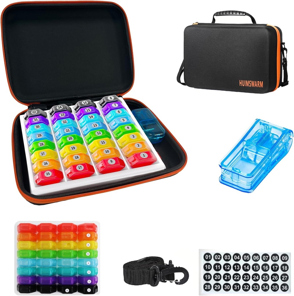 Igakuine Pill Korraldaja 1Time A Day,Pill Korraldaja Kuu 1Time A Day 32 Daily Compartments & 1Pill Cutter & 1Pill Cutter & 1Shoulder Straps & 2PCS 31 Day Sticker. Mugav käepide, BPA-vaba.