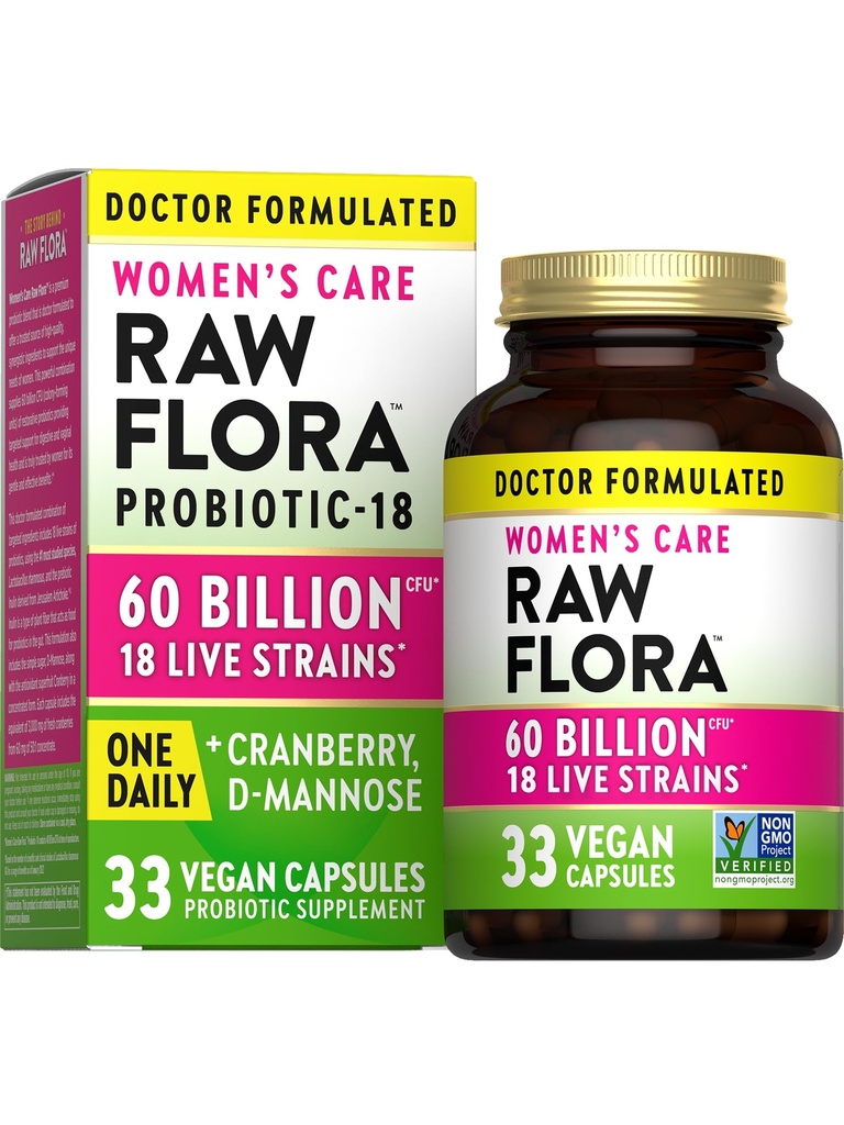 Toores Flora Naiste probiootikumid | Dr. Formuleeritud 60 miljardit CFU + prebiootikumid | Seedetrakti, tupe ja kuseteede tugi | 33 Vegankapsleid Jõhvika & D-mannoosiga | Kõlblik stabiilne