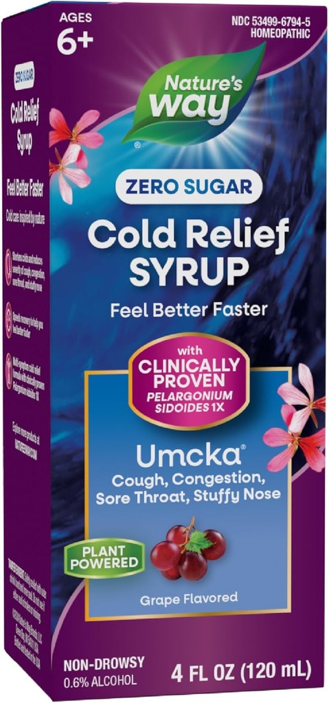 Nature's Way Cold Relief Zero Sugar Syrup, Umcka, homöopaatiline, lühendab külmetusi, valulik kurk, köha, ummistus ja kleepuv nina, fenülefriinivaba, viinamarjamaitseline, 4 Fl Oz (pakendamine võib varieeruda)