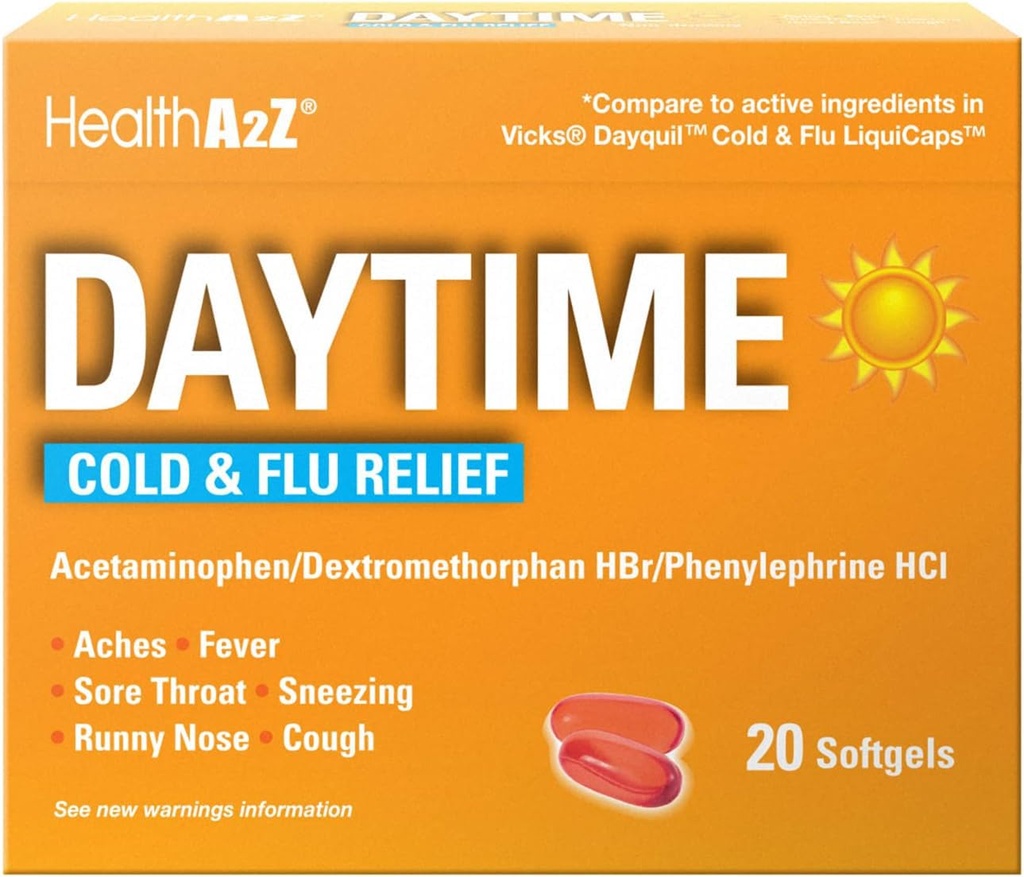 HealthA2Z® Daytime | Cold & Flu Medicine | Powerful Multi-Symptom Daytime (20 Softgels) (Päevase külma ja gripi meditsiin (20 Count Pack of 1))