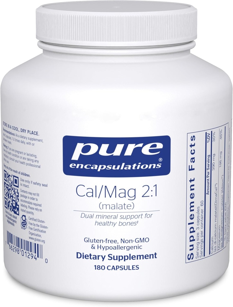Pure Encapsulations Cal/Mag (Malate) 2:1 - Calcium & Magnesium (Malate) - Bone Health Supplement* - Optimal Absorption - Vegan & Gluten Free - 180 Capsules