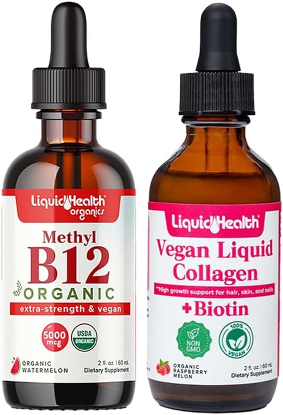 LIKVIIDHEALTH Orgaaniline Metüül B12 5000mcg Vitamiinitilgad Tart Kirsimahlaga & 100% Vegan Taimepõhine kollageen Plus Biotiin Tilgad - Looduslik energia suurendab, parandab fookust, juuste ja küünte kasvu, naha tervist