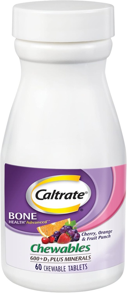 Caltrate närimistables 600 Plus D3 Plus mineraalid Kaltsium D-vitamiini lisand, kirss, apelsin ja puuviljapunch - 60 Count