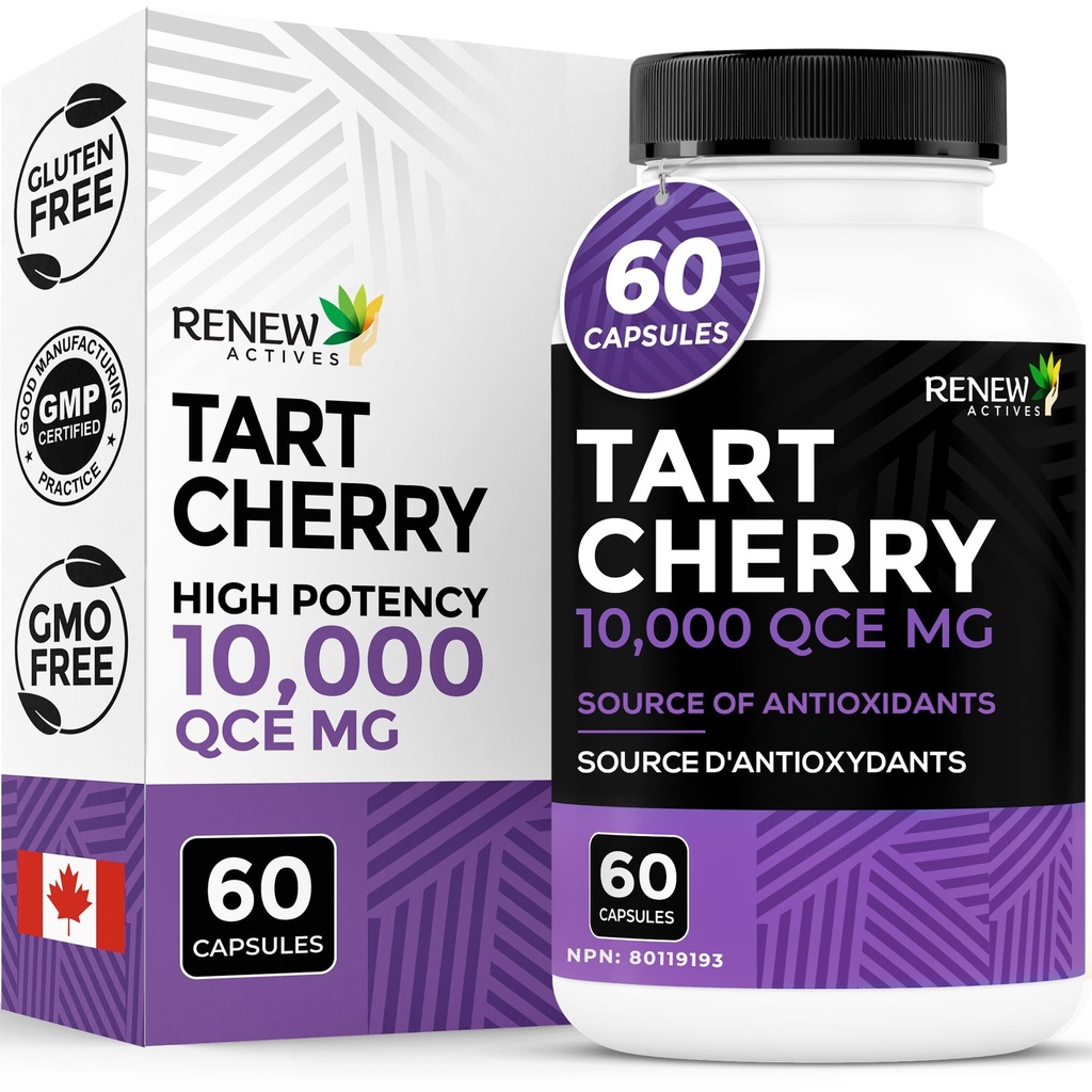 Renews Tart Cherry Extra 500mg 2 kapsli kohta - suure tugevusega antioksüdant vabade radikaalide kaitseks ja heaoluks - 60 kergesti allaneelatavat kapslit - valmistatud Kanadas