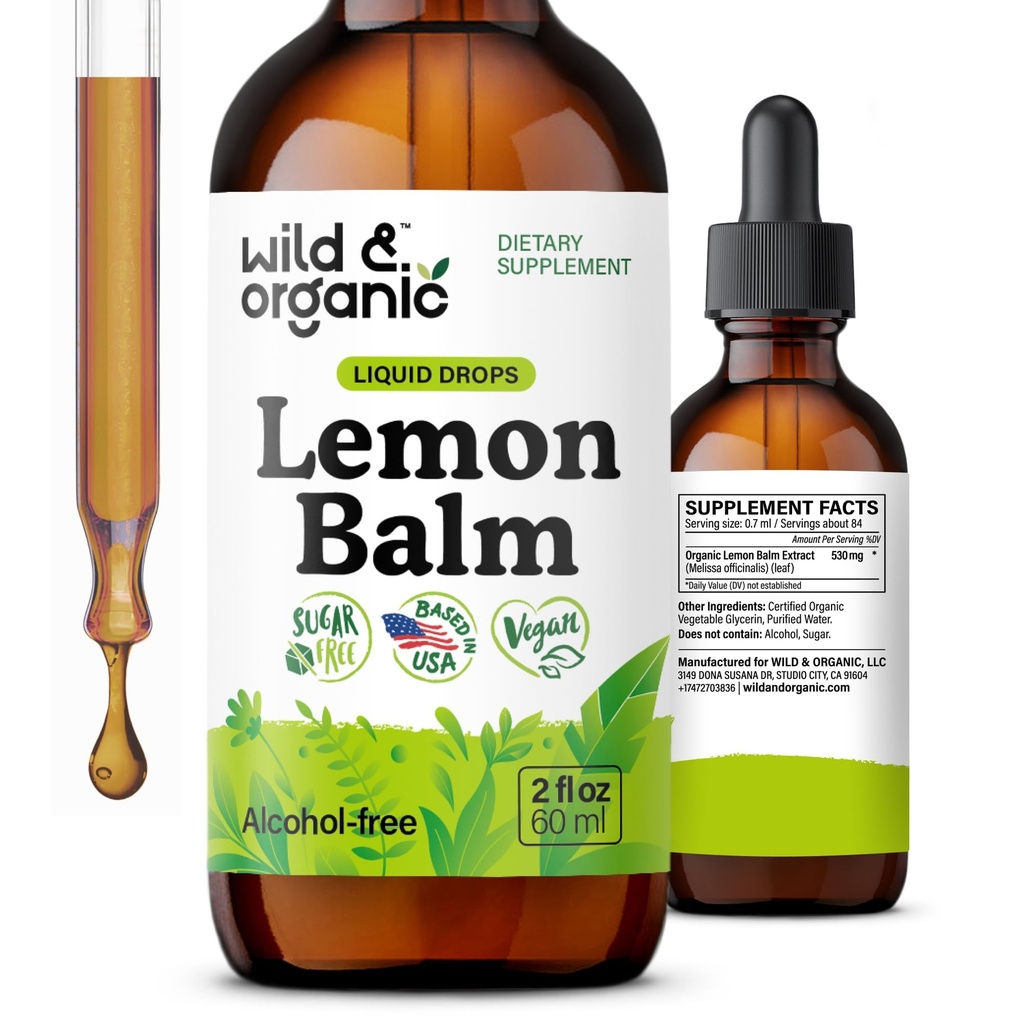 Wild & Organic Sidrun Balm tilgad - Lõõgastav Sidrun Balm Leaf Extract Supplement - Calming Melissa Officinalis Tinktuur - Vegan, suhkur ja alkoholivaba - 2 fl oz