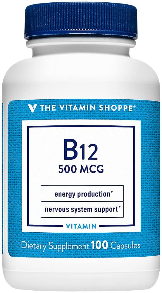 Vitamiin Shoppe Vitamiin B12 500mcg - toetab energiatootmist, üks kord päevas toidulisandit - vitamiin B-12 (nagu tsüanokobalamiin), gluteeni ja piimavaba (100 kapslit)