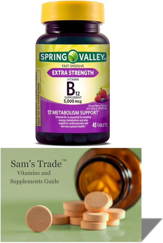 Spring Valley Vitamiin B12 | Kiiresti lahustuvad tabletid Toidulisand | Vitamiin B12 5000 mcg |B Vitamiinid | Vitamiin B12 Kompleks naistele ja meestele |45 Tabletid| Segatud marjamaitse + Sam's T. Vitamiinide juhend
