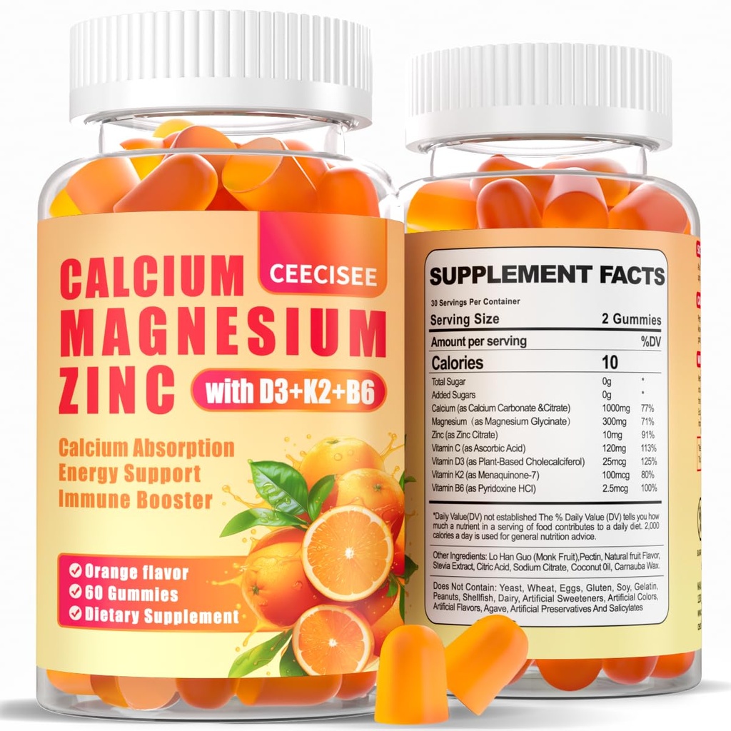 Kaltsium Magneesium Tsink Gummies koos D3 & B6 & K2, 1000mg Kaltsium Gummies 300mg Magneesium Toetus Immuunenergia täiskasvanutele ja teismelistele, Suhkruvaba(120Count)