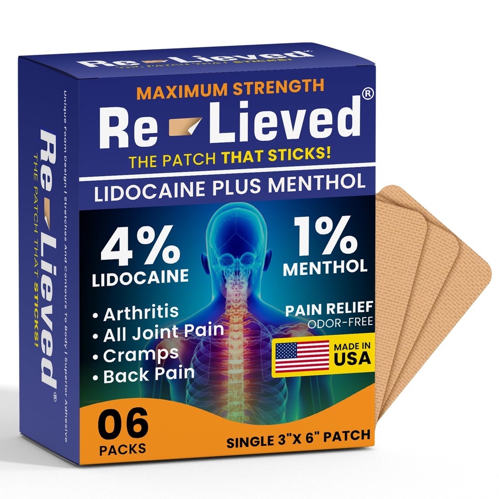 Relieved 4% Lidocaine Patches with Menthol - Maksimaalne tugevuse valu leevendamine selja, põlve ja lihasvalu - Kiire toimega ravimpastad - Made in USA - 6 Count