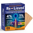 Relieved 4% Lidocaine Patches with Menthol - Maksimaalne tugevuse valu leevendamine selja, põlve ja lihasvalu - Kiire toimega ravimpastad - Made in USA - 6 Count