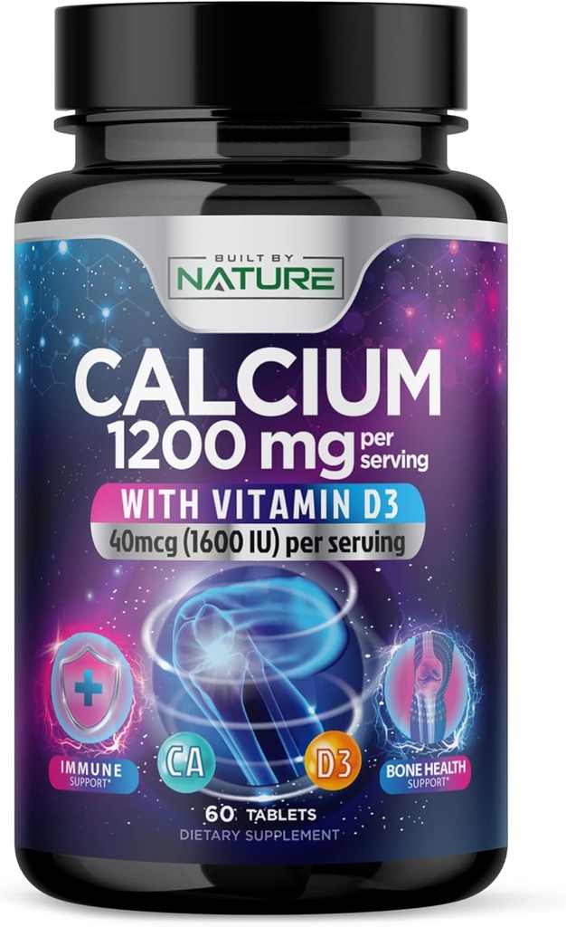 Kaltsium 1200mg koos D3-vitamiiniga parimaks imendumiseks - täiustatud luude tugilisand, 1200 mg kaltsiumkarbonaati ja 1600 IU D-vitamiini3, aeglane vabanemine immuunsuse toetamiseks, lihtne neelata, 60 tabletti