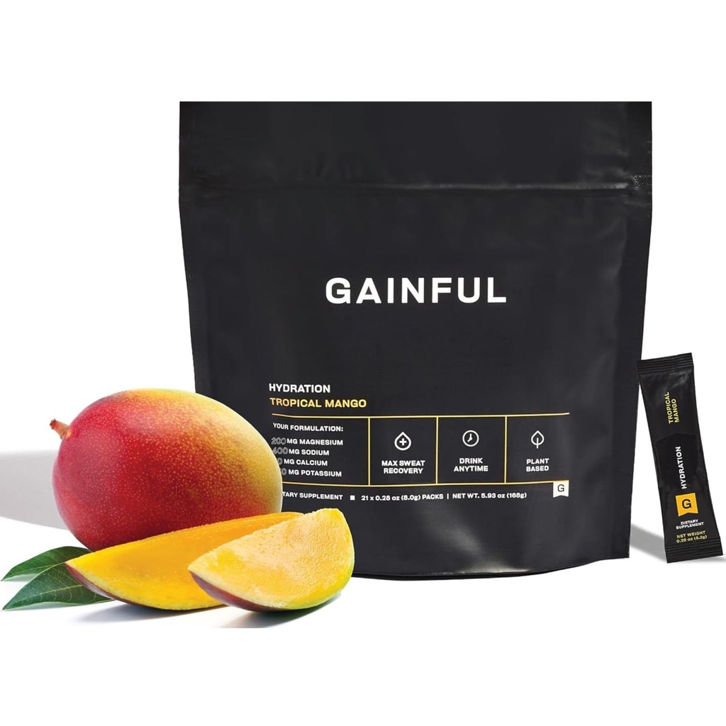 Gainful Hydration Powder Packs, kofeiinivaba võtme elektrolüütidega Magneesium ja naatrium, energiatoetus, madal suhkur, troopiline mango, 21 pulgad