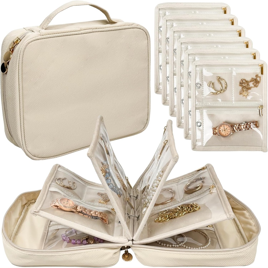 Reisijuveelide korraldaja ümbris, juveelide kotid Ehted Ladustusraamat Binder selge Zipper Velvet kott reisimiseks, kõrvarõngad, sõrmused, kaelakee, käevõru (valge)