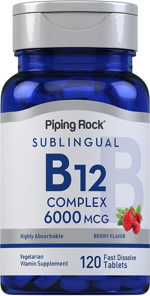Torukivi sublingvaalne B12 kompleks 6000 mcg | 120 kiiret lahustuvat tabletti | Berry Flavor | Taimetoitlane, mitte-GMO & Gluteenivaba
