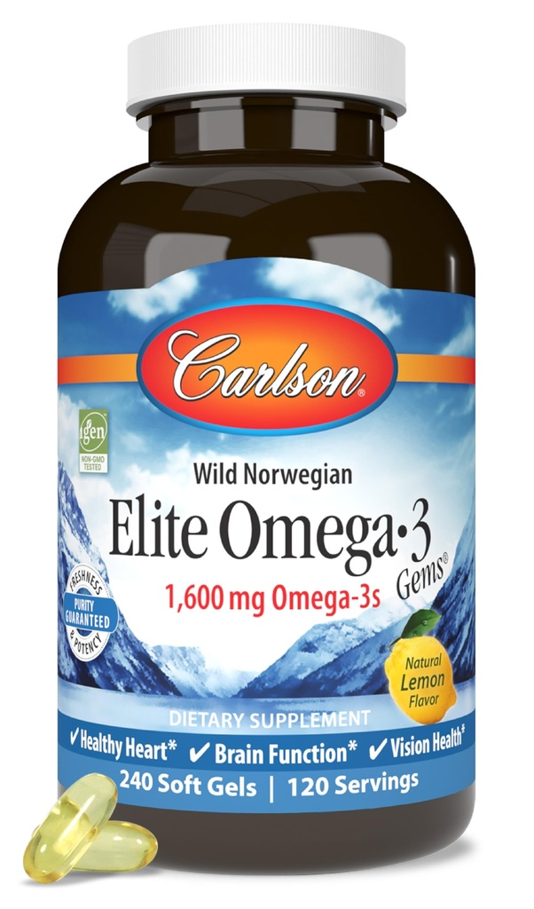 Carlson Elite Omega-3 Gems, 1600 mg Omega-3 EPA & DHA-ga, Sidruni maitse, 240 Softgels - looduslikult püütud Norra kalaõli, jätkusuutlikult hangitud