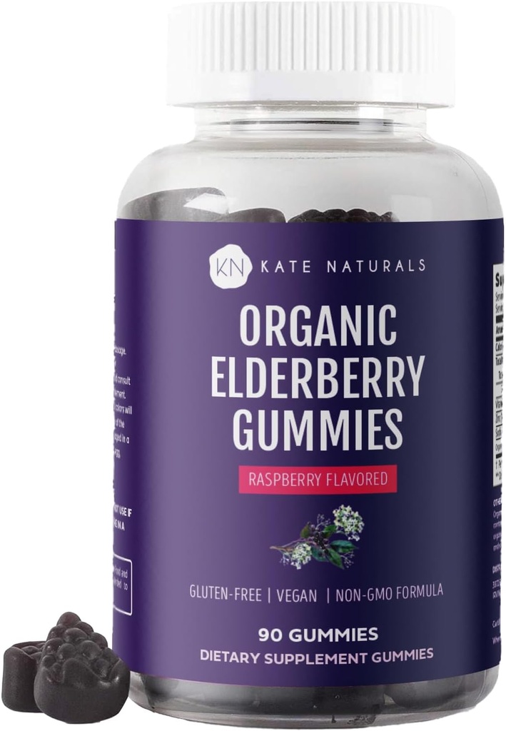 Kate Naturals Elderberry Gummies koos C-vitamiini ja tsink täiskasvanutele ja lastele. Maitsev Sambucus Elderberry Gummies immuunsuse toetamiseks (90 Gummies, 45 päeva pakkumine, orgaaniline)