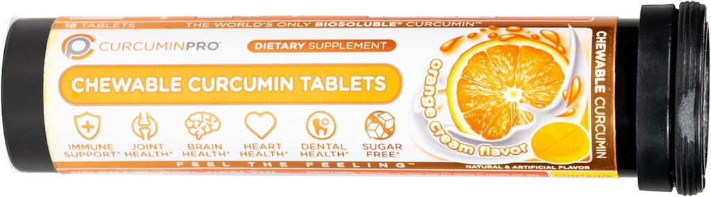 Curcuminpro näritavad tabletid | Biosoluble orgaaniline kurkumiin | Suhkruvaba | Liikumistoetus | 18 Count | Orange Cream Maitse