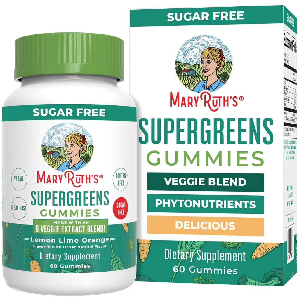 MaryRuth Organics Super Greens Gummies | Looduslikult esinev kvertsetiin täiskasvanutele ja lastele vanuses 4+ | Suhkruvaba | 2 g kiudainet portsjoni kohta | Vegan | želatiin puudub | Pektiin | 60 loend | 30 serveerimist