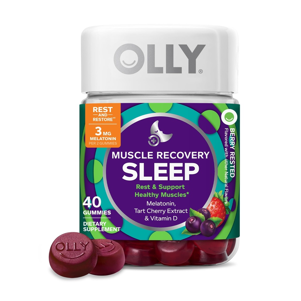 OLLY Lihaste taastumine Unekummid, une ja valulike lihaste tugi, 3 mg melatoniin, tart kirss, D-vitamiin, Berry Flavor - 40 krahv