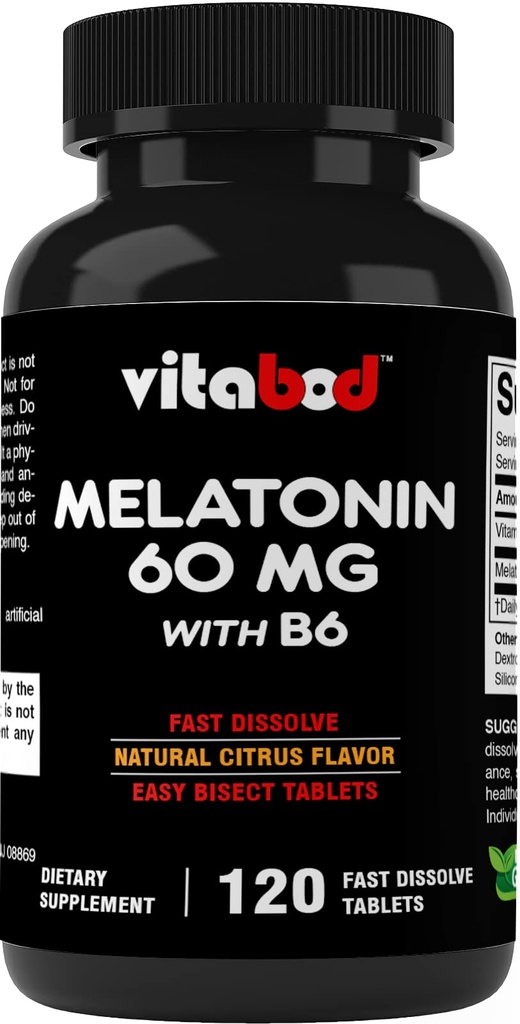 Melatoniin 60 mg koos vitamiiniga B6 – 120 kiiresti lahustatavat tabletti ekstratugevusega unetugi – ravimivaba – looduslik tsitruseline maitse – taimetoitlane, mitte-GMO, gluteenivaba