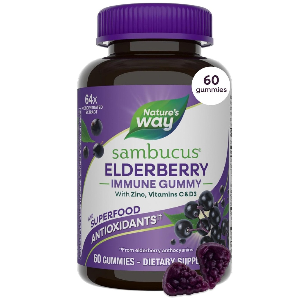 Nature's Way Sambucus Elderberry Immune Support Gummies for Kids & Adults * Black Elderberry Extract, C-vitamiin, D3-vitamiin ja tsink, 60 Gummies (pakendamine võib varieeruda)