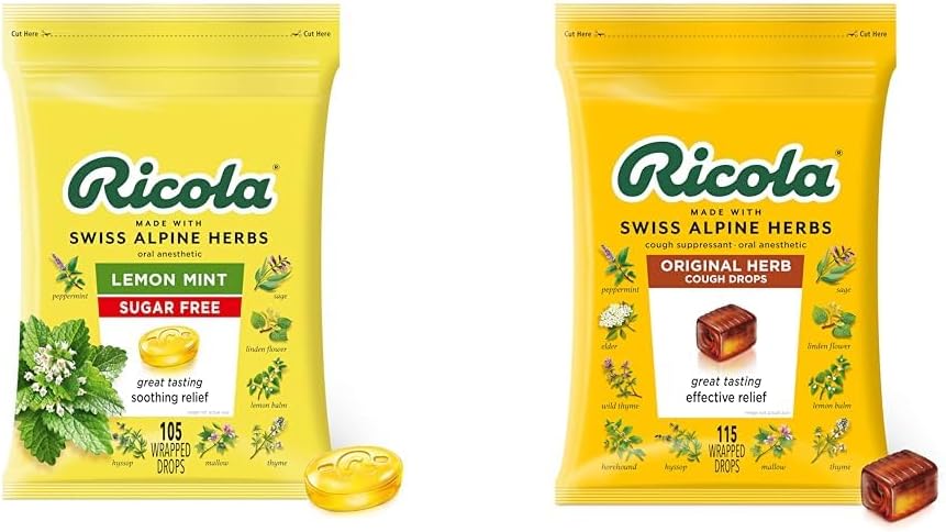 Ricola Sugar Free Sidrun Mint Taimne köha supressant kurgutilgad, 105ct kott ja originaalne looduslik ürdi köha tilgad, 115 Count, Cough Suppressant & Throat leevendavad tilgad