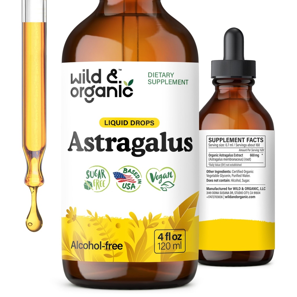Wild & Organic Astragalus Tinktuur - Immune Support Supplement w/Astragalus Juur Extract - Vegan Tinktuur immuunsuse - Suhkru ja alkoholivabad tilgad - 4 fl oz