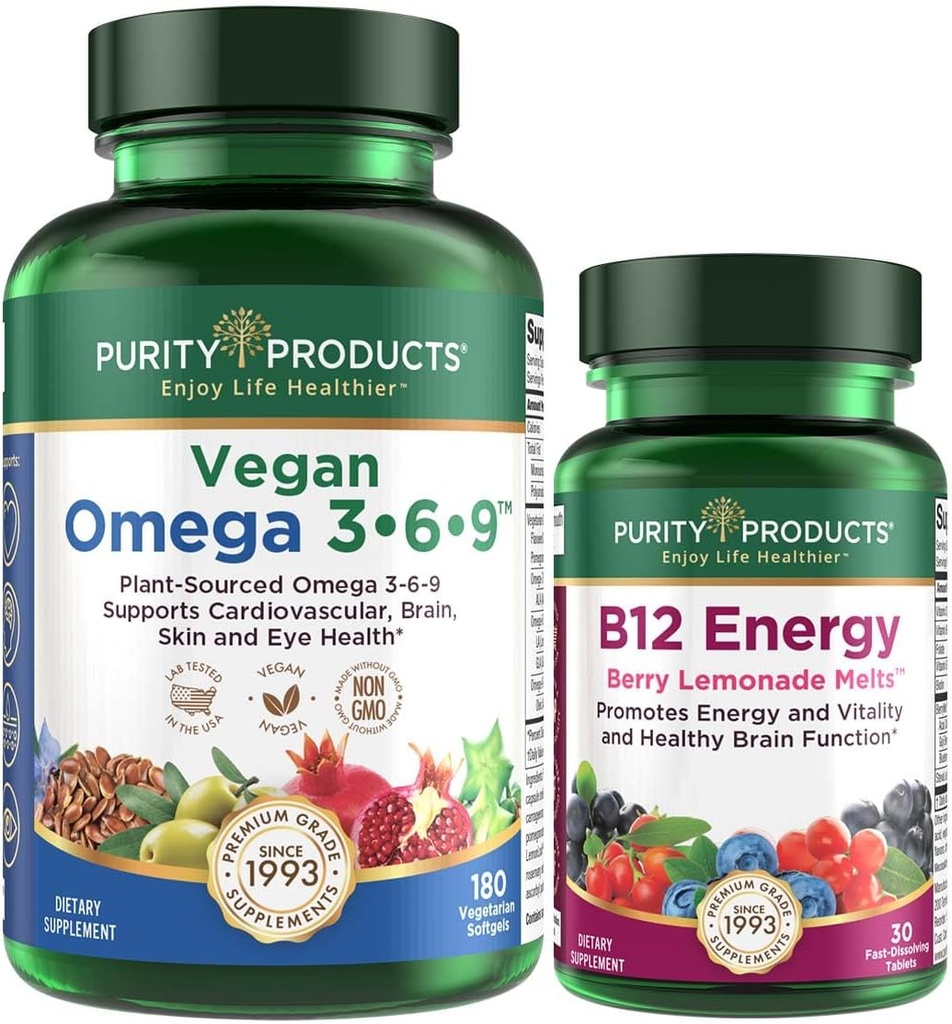 Puhtuse Tooted Bundle - Vegan Omega 3-6-9 (180 ct) + B-12 Energia sula Omega 3-6-9 ("5 in 1" Taimepõhised Omega 3 6 9 Asendamatud rasvhapped) - B12 Berry sula (metüülkobalamiin B12 + B6 + D3 + rohkem)