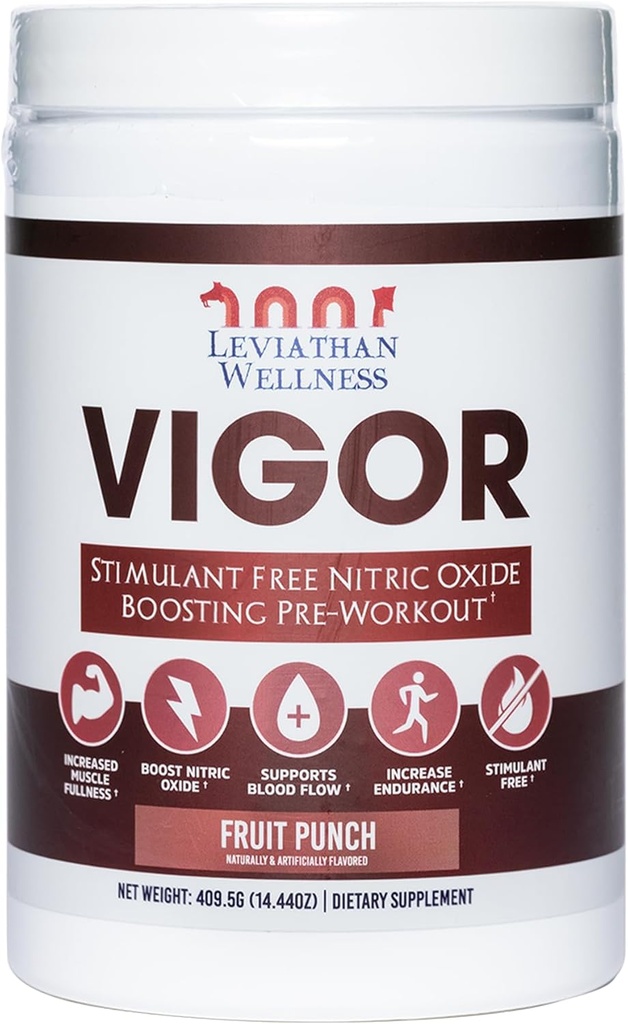 Vigor - Stimulant-Free Lämmastikoksiidi Pre-Workout Pulber | L-Tsitrulline (5000mg), Õunhape (2000mg), GlycerPump (1500mg) | Fruit Punch| 30 Servings, 13.86g Iga | Made in USA