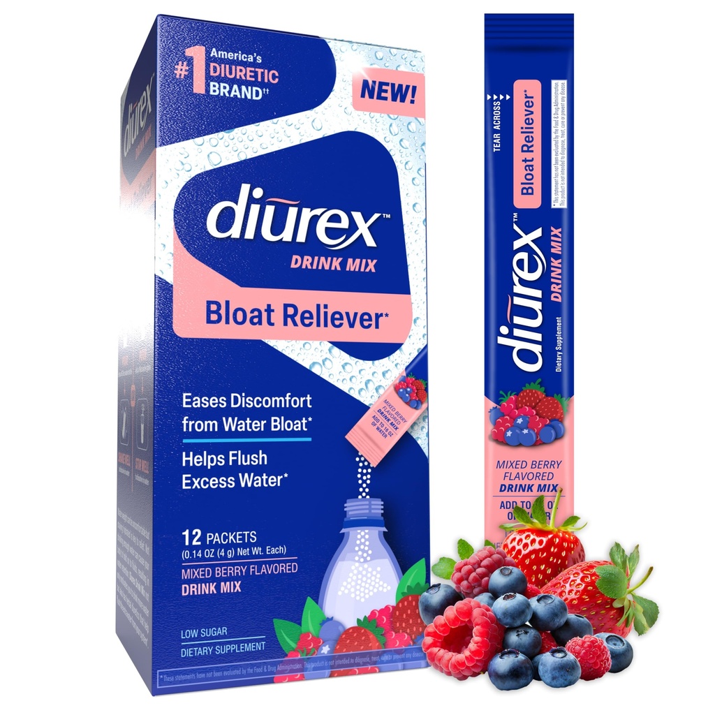 Diurex Drink Mix - Diuretic Supplement - Mix Berry Maitse - Bloat Relief koos Diurex Proprietary Bloat leevendav segu - Single Serve - 12 Pack