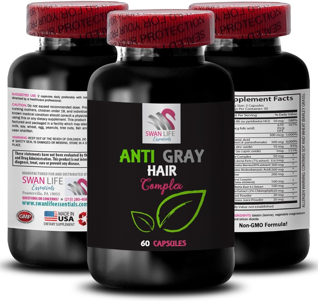 Hallid juuksed täiendada - ANTI GRAY HAIR COMPLEX - Anti hallid juuste pillid, värske toon, värvi noorendamine, värvi heledus, juuste varju kontroll, Anti hall juuksekapsel, nooruslik välimus 1 pudel 60 kapslit