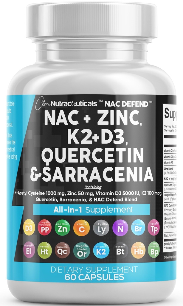 NAC Täiendus N-atsetüültsüsteiin Vitamiin D3 K2 Tsink Quercetin Sarracenia Purpurea Immuunsüsteemi tugi | Elderberry Püha Basil Bee Propolis Bromelain L-lüsiin Kapslid Täiendused Naistele Meestele Täiskasvanud