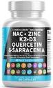 NAC Täiendus N-atsetüültsüsteiin Vitamiin D3 K2 Tsink Quercetin Sarracenia Purpurea Immuunsüsteemi tugi | Elderberry Püha Basil Bee Propolis Bromelain L-lüsiin Kapslid Täiendused Naistele Meestele Täiskasvanud