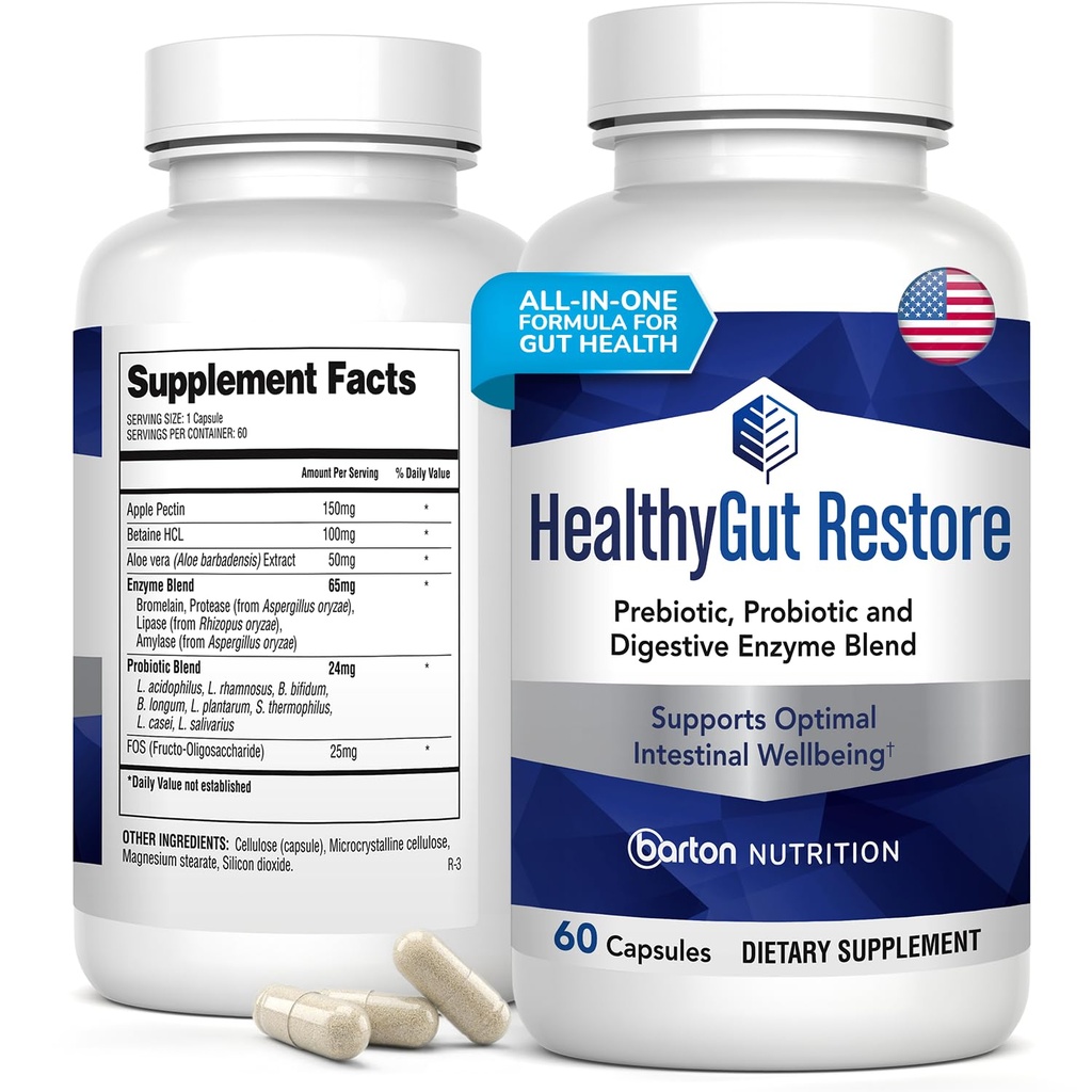 HealthyGutSupport+ - soolestiku tervise ja immuunsuse toetus prebiootikumide, probiootikumide ja seedeensüümidega seedimiseks ja imendumiseks - 60 arsti poolt formuleeritud kõhu tervisekapsleid