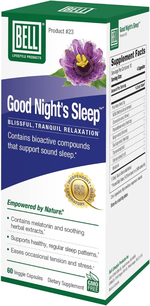 Bell Lifestyle Good Night's Sleep - looduslik unetugi melatoniini ja taimsete ekstraktidega, toetab lõõgastumist ja unemustreid, 60 Veggie kapslit